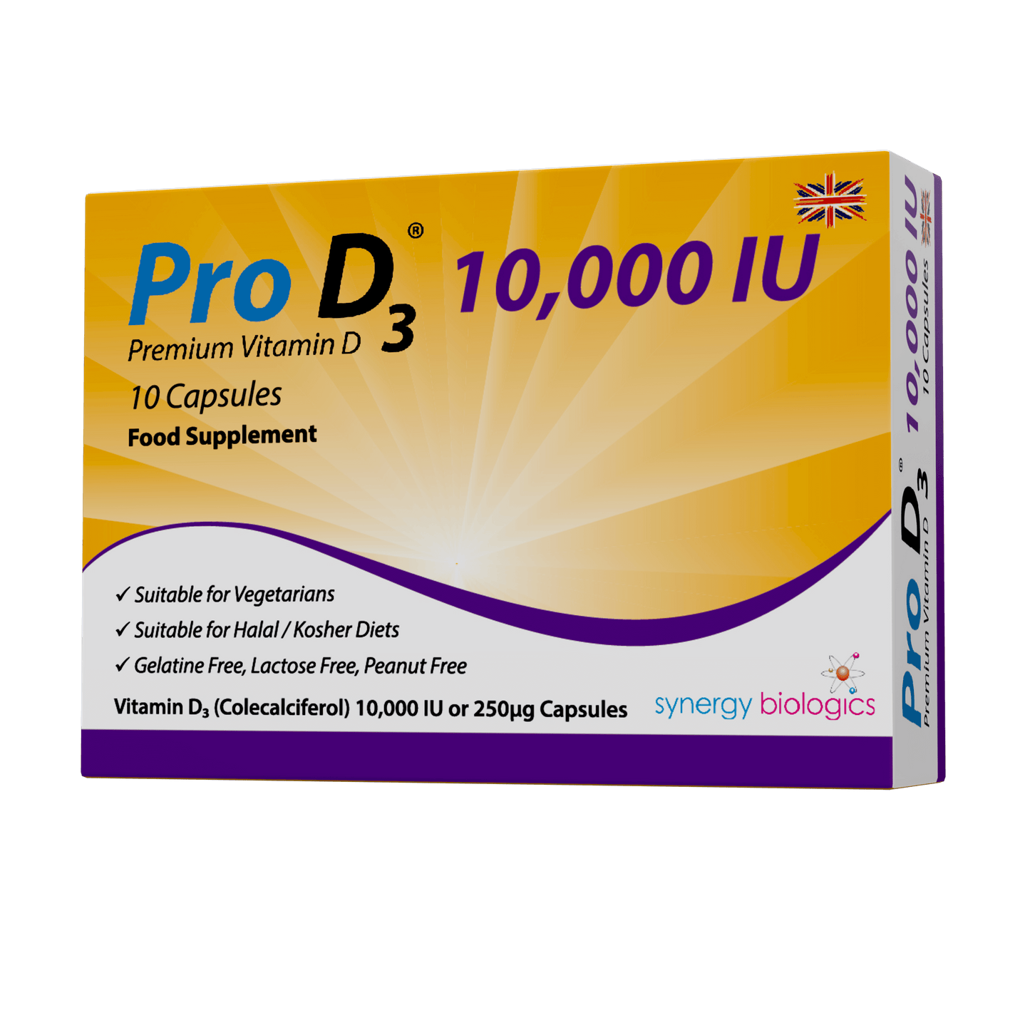 Pro D3 10,000 IU Vitamin D capsules, featuring a premium formula in a 10-capsule pack.